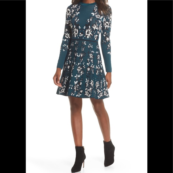 Eliza J Long Sleeve Floral Knit Fit Flare Dress, Womens, M, Green
